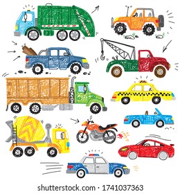 Cute Kids Hand Drawn Doodle Truck Car Transport Boy Icon Set