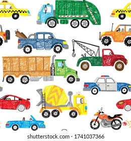 cute kids hand drawn doodle truck car transport boy seamless pattern