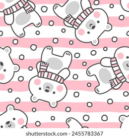 Cute kids hand drawn doodle polar bear with pastel pink scarf on a stripes girly texture background. Kawaii animals seamless pattern