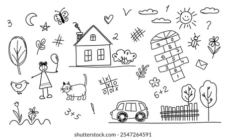 Cute kids hand drawn doodle. Elements for the design of banners, wallpapers, products for children. Drawing for kindergarten. Kids doodle set on white background