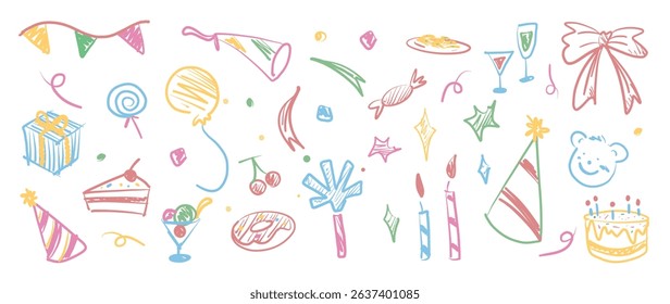 Cute kids hand drawn doodle vector. Cake, hat, bear, balloon, donut, candle, ribbon, birthday illustration. Design for fabric, sticker, icon, kids.