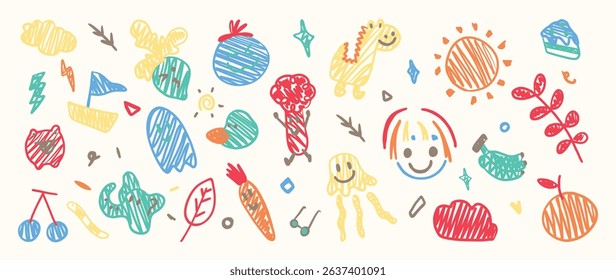 Cute kids hand drawn doodle vector. Flower, cloud, leaf, girl, jellyfish, carrot, elephant, dinosaur, summer illustration. Design for fabric, sticker, icon, kids.