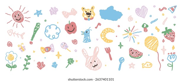 Cute kids hand drawn doodle vector. Flower, cloud, sun, apple, bear, watermelon, balloon, strawberry, candy, summer illustration. Design for fabric, sticker, icon, kids.