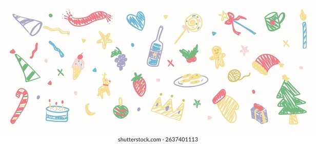 Cute kids hand drawn doodle vector. Cake, tree, crown, worm, gingerbread, candle, ribbon, christmas illustration. Design for fabric, sticker, icon, kids.