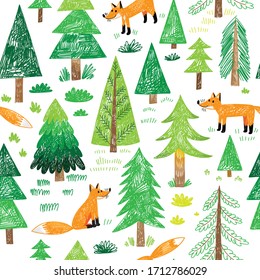 cute kids hand drawn fox forest seamless pattern