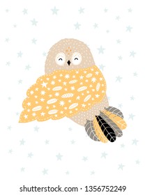 Cute kids hand drawn nursery poster with Owl and stars white background. Color vector illustration.