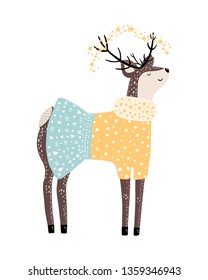 Cute kids hand drawn nursery magical poster with girl deer in clothes - wild animal. Color vector illustration