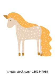 Cute kids hand drawn nursery magical poster with unicorn wild animal. Color vector illustration