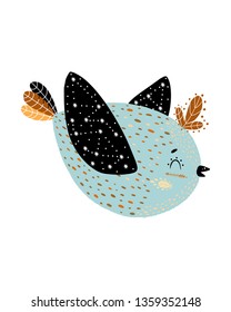 Cute kids hand drawn nursery magical poster with blu bird wild animal. Color vector illustration. Scandinvian style.