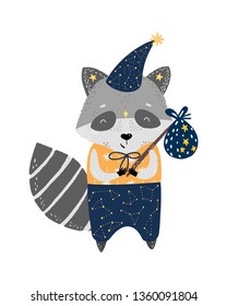 Cute kids hand drawn nursery magical poster with wizard racoon in clothes - wild animal. Color vector illustration.