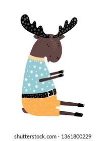 Cute kids hand drawn nursery magical poster with boy cartoon caharacter Moose in clothes - wild animal. Color vector illustration.
