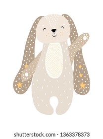 Cute kids hand drawn nursery magical poster with cartoon character rabbit in clothes - wild animal. Color vector illustration