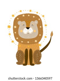 Cute kids hand drawn nursery poster with magia lion white background isolated. Color vector illustration