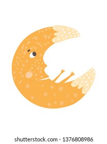 Cute kids hand drawn nursery magical poster with character yellow moon. Color vector illustration.