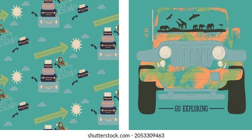 cute kids hand drawn travel suitcase car transport boy seamless pattern