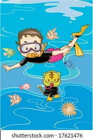 Cute Kids and Happy Life - traveling a cheerful and funny young boy with pretty little cat in undersea adventure on a background of beautiful blue water : vector illustration