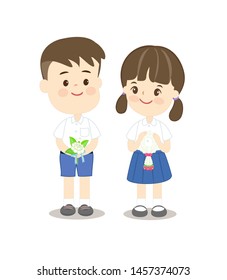 cute kids have Thai Garlands and Jasmine Flower in hands Vector