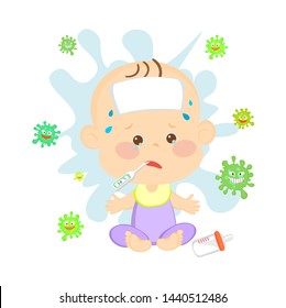 cute kids having cold and flu symptoms vector