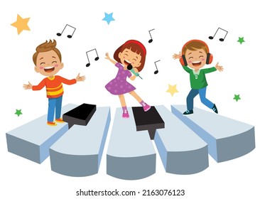 cute kids having fun listening to music