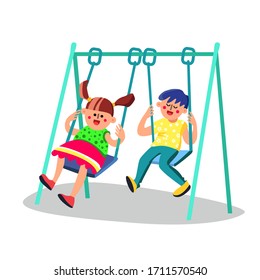Cute Kids Having Fun On Swing In Playground Vector. Laughing Happy Characters Children Boy And Girl Playtime On Swing. Childhood Recreational Playing Time Color Flat Cartoon Illustration