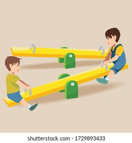 Cute kids having fun on seesaw. Two boys playing seesaw in the park. Children playing with seesaw. Playground and cheerful children concept.