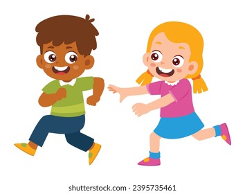 Niños guapos divirtiéndose jugando al partido de los partidos. Niña preescolar corriendo rápido y persiguiendo a su hijo. Niños sanos activos, jardín de infancia de la diversidad. ilustración vectorial