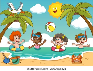 cute kids having fun in the sea on summer vacation.Happy kids playing on the beach cartoon vector illustration graphic design