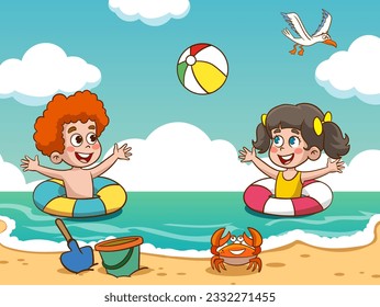 cute kids having fun in the sea vector