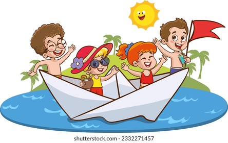 cute kids having fun in the sea vector
