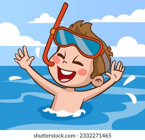 cute kids having fun in the sea vector