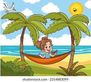 cute kids having fun in the sea.girl having fun in hammock cartoon vector.