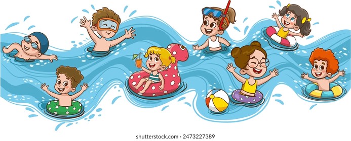 Niños lindos que se divierten en la piscina en el campamento de verano. Niños divirtiéndose en el patio trasero. Niños jugando en la piscina al aire libre. Actividades de campamento de verano con salpicaduras de agua. Fondo de verano.