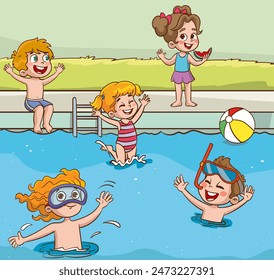 cute kids having fun in swimming pool at summer camp. Children having fun in backyard. Kids playing in swimming pool outdoors. Summer camp activities with water splash. Summer background.