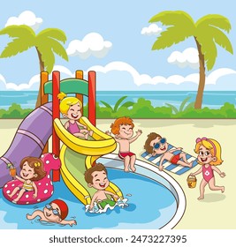 cute kids having fun in swimming pool at summer camp. Children having fun in backyard. Kids playing in swimming pool outdoors. Summer camp activities with water splash. Summer background.