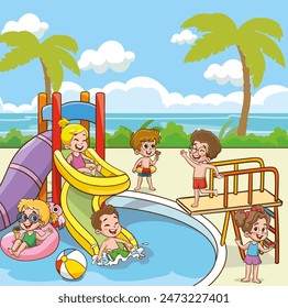 cute kids having fun in swimming pool at summer camp. Children having fun in backyard. Kids playing in swimming pool outdoors. Summer camp activities with water splash. Summer background.