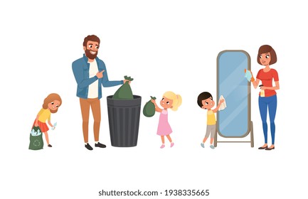 Cute Kids Helping Parents with Housework Set, Children Wiping Dust and Throwing Garbage into Trash Can Cartoon Vector Illustration