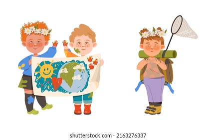 Niños amables ayudando a salvar al mundo. Concepto de protección de la naturaleza y la ecología cartografía ilustración vectorial