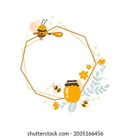 Cute kids Hexagon frame with bee and spoon, jar of honey with bouquet of flowers wreath. Baby scandinavian style vector polygon illustration with place for text.