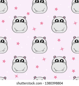 Cute kids hippo pattern for girls and boys. Colorful hippo, stars on the abstract background create a fun cartoon drawing. The hippo pattern is made in neon colors. Urban pattern for textile