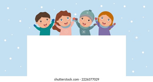 Cute kids  hold empty banner, a poster. Copy space.  Christmas card. Vector