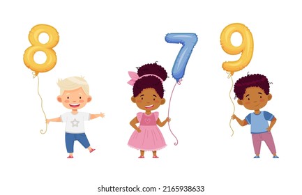 Cute kids holding 7,8,9 number shaped balloons set. cartoon vector illustration