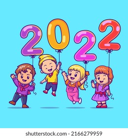 Cute Kids Holding Balloon New Year 2022 Cartoon Vector Icon Illustration. People Holiday Icon Concept Isolated Premium Vector. Flat Cartoon Style