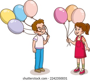 cute kids holding balloons cartoon vector illustration