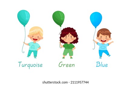 Cute Kids Holding Balloons Of Different Colors Set. Boys And Girl Holding Turquoise, Green And Blue Balloon Vector Illustration