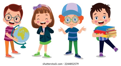 cute kids holding book smiling holding world map