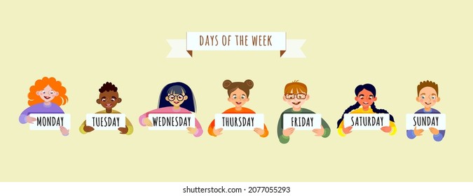 Cute kids holding cards saying days of the week illustration. Monday, Tuesday, Wednesday, Thursday, Friday, Saturday, Sunday. 