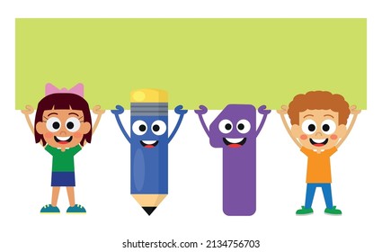 Cute kids holding the empty board, pen, and number