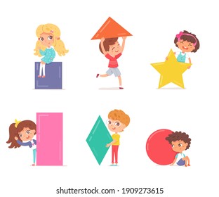 Cute kids holding geometric shapes set. Primary school education worksheet vector illustration. Little boys and girls with square, triangle, star, rectangular, rhomb, circle on white background.