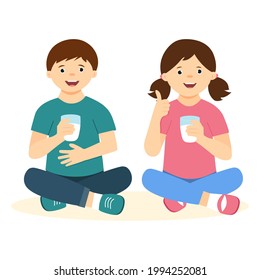 The cute kids holding  a glass of milk.  Happy kids drinking cow milk in glass. Healthy childhood and dairy products concept. Vector illustration