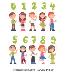 Cute Kids Holding Green Balloons Shaped as Numbers Cartoon Style Vector Illustration